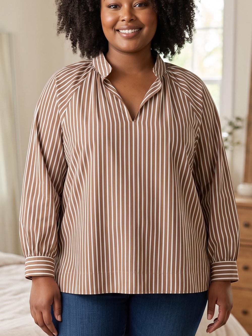 Tuckernuck Brown and White Stripe flowy stand up collar V-Neck Blouse XXL